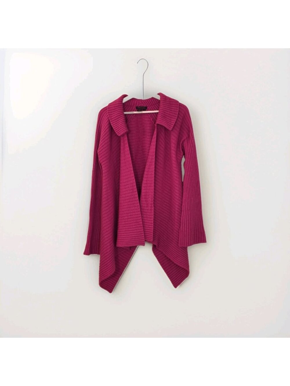 Simon Chang Wool Cardigan M Fucsia Ribbed LS Open Assymetric Lagenlook Boho Edgy